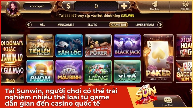 Tại Sunwin, người chơi có thể trải nghiệm nhiều thể loại từ game dân gian đến casino quốc tế
